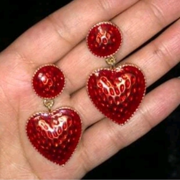 Gold Red Heart earrings strawberry drop dangle retro rockabilly pinup 💖2/$30 - Picture 11 of 15